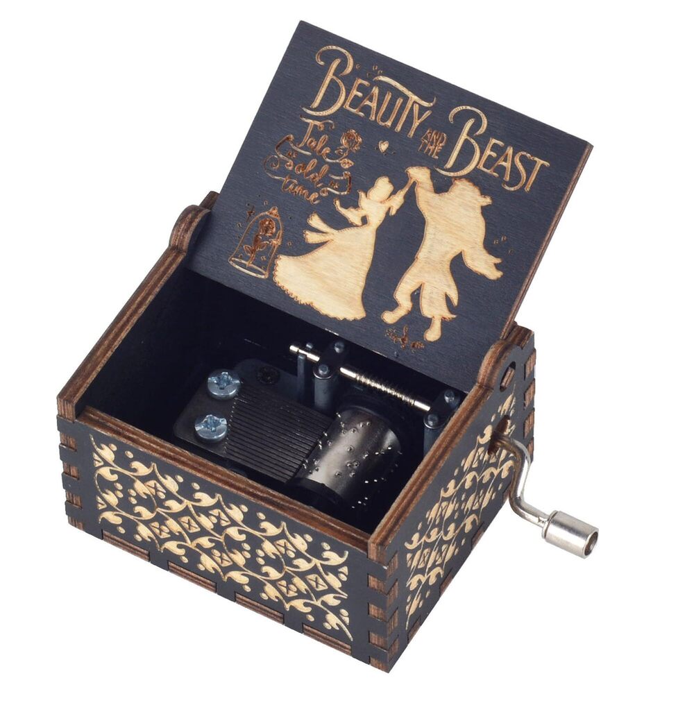 5929 Beauty Music Box Beast, 18 Note Mechanism Antique Carved Wooden Hand